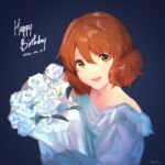  bangs bare_shoulders bouquet brown_eyes brown_hair dated flower hands_up happy_birthday hibike!_euphonium highres holding holding_bouquet long_sleeves looking_at_viewer off-shoulder_shirt off_shoulder open_mouth oumae_kumiko ratifuu shirt short_hair smile teeth upper_teeth white_flower white_shirt 