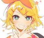  +_+ 1girl 4_(nakajima4423) blazer blonde_hair blue_eyes bow bow_hairband collared_shirt dress_shirt eyebrows_hidden_by_hair grin hair_bow hairband highres jacket kagamine_rin leo/need_(project_sekai) orange_bow polka_dot polka_dot_bow portrait project_sekai shirt simple_background smile solo star_(symbol) star_in_eye symbol_in_eye vocaloid white_background white_shirt yellow_nails yellow_theme 