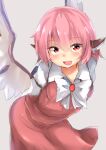  1girl animal_ears bird_ears bird_wings blush brown_dress dress fang grey_background hair_between_eyes highres long_sleeves looking_at_viewer mystia_lorelei neko_pachi no_headwear open_mouth pink_hair red_eyes short_hair simple_background skin_fang smile solo touhou white_wings wings 