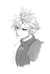  1boy ah_yoshimizu armor bare_shoulders cloud_strife earrings expressionless final_fantasy final_fantasy_vii final_fantasy_vii_remake greyscale hair_between_eyes highres jewelry looking_to_the_side male_focus monochrome portrait short_hair shoulder_armor single_earring sketch sleeveless sleeveless_turtleneck solo spiky_hair turtleneck upper_body white_background 