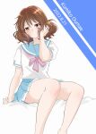  1girl blue_sailor_collar blue_skirt brown_eyes brown_hair dated feet_out_of_frame hibike!_euphonium highres kitauji_high_school_uniform looking_at_viewer neckerchief oumae_kumiko pink_neckerchief pleated_skirt sailor_collar sakurai_nana_(moshichi) school_uniform serafuku short_hair sitting skirt solo wavy_hair white_background 