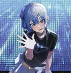  1girl black_shirt blue_eyes blue_hair hair_ribbon highres hololive hoshimachi_suisei leaning_forward medium_hair midriff_peek open_mouth ribbon shirt side_ponytail skirt smile solo star_(symbol) star_in_eye sweat symbol_in_eye t-shirt tied_shirt tozaki_(r_sailing) virtual_youtuber waving 