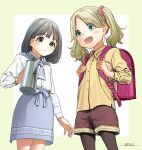  2girls :d backpack bag black_hair blonde_hair blue_eyes blue_necktie blue_skirt blush blush_stickers bob_cut brown_pantyhose brown_shorts closed_mouth copyright_request dated fang female_child hair_ornament hair_scrunchie highres holding horikou kodomo_no_hi koguma_(super_cub) looking_at_viewer mole mole_under_eye multiple_girls necktie open_mouth pantyhose pink_bag randoseru scrunchie shirt shorts signature simple_background skin_fang skirt smile super_cub teapot twintails white_background white_shirt yellow_shirt 