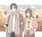  1boy 1girl artem_wing_(tears_of_themis) bangs blue_eyes blue_pants blue_sky brown_coat brown_hair brown_scarf brown_skirt brown_sweater closed_mouth clouds cloudy_sky coat coffee_cup cup disposable_cup green_eyes highres holding holding_cup jacket long_hair long_sleeves outdoors outstretched_arms pants pink_jacket rosa_(tears_of_themis) scarf skirt sky spoken_blush spoken_squiggle squiggle sweater tears_of_themis white_sweater yellow_scarf yingchuan981 