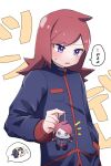  1boy absurdres blush character_doll commentary_request dorekuroa hand_in_pocket highres holding jacket long_hair long_sleeves looking_down male_focus notice_lines open_mouth pokemon pokemon_(game) pokemon_hgss redhead silver_(pokemon) speech_bubble sweatdrop translation_request violet_eyes white_background 