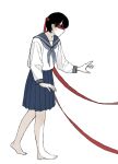  1girl barefoot black_hair blindfold covered_eyes from_side neckerchief original outstretched_arms parted_lips pleated_skirt profile school_uniform serafuku shokugyo short_hair skirt solo walking 