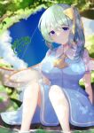  1girl absurdres ascot blue_dress blue_eyes blurry blush bow breasts button_gap clouds commentary_request daiyousei depth_of_field dress fairy_wings green_hair hair_between_eyes hair_bow highres large_breasts looking_at_viewer nisson_(nisiyuu) outdoors puffy_short_sleeves puffy_sleeves shirt short_hair short_sleeves side_ponytail sidelocks sitting sky smile solo touhou tree water white_shirt wings yellow_ascot yellow_bow 
