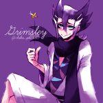 1boy black_hair blue_eyes character_name chikada coin coin_flip eyeshadow grimsley_(pokemon) japanese_clothes kimono looking_at_viewer makeup male_focus multicolored_hair pokemon purple_background scarf sitting smile solo twitter_username two-tone_hair white_hair 