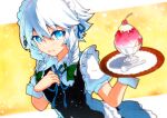  1girl apron bangs blue_dress blue_eyes blush breasts commentary_request dress food grey_hair highres holding holding_tray ice_cream izayoi_sakuya looking_at_viewer maid maid_apron maid_headdress medium_breasts medium_hair open_mouth puffy_short_sleeves puffy_sleeves qqqrinkappp short_sleeves solo touhou traditional_media tray wrist_cuffs 
