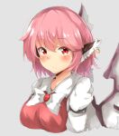  1girl animal_ears bird_ears bird_wings blush brown_dress closed_mouth dress earrings grey_background hair_between_eyes jewelry long_sleeves mystia_lorelei neko_pachi no_headwear pink_hair portrait red_eyes short_hair simple_background single_earring solo touhou white_wings wings 