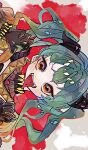  1girl absurdres bangs claw_pose earrings fangs gradient_hair green_hair hatsune_miku highres horns jewelry multicolored_hair orange_eyes orange_hair red_background salamander_(vocaloid) sideways solo tanarei teeth tongue tongue_out twintails upper_teeth vocaloid 