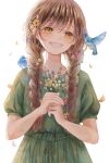  1girl :d animal_on_shoulder bangs bird bird_on_shoulder blue_bird blue_flower blunt_bangs bouquet brown_hair daisy dress eyelashes fingernails flat_chest floral_print flower ginniroya green_dress green_eyes hair_behind_ear hair_flower hair_ornament half-closed_eyes happy highres holding holding_bouquet hummingbird leaf light_blush looking_at_animal open_mouth original petals pink_flower plant puffy_short_sleeves puffy_sleeves short_sleeves sideways_glance simple_background smile solo twintails vines white_background white_flower yellow_flower 