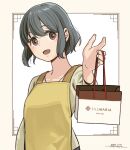  1girl :d apron bag black_hair brown_eyes grey_shirt holding holding_bag horikou looking_at_viewer open_mouth shima_saki shirt short_hair smile solo upper_body yellow_apron yurucamp 