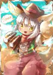  :3 alternate_costume animal_ears aqua_sky bandana binoculars blush brown_fur brown_headwear clouds commentary cowboy_hat cowboy_western desert fang feet_out_of_frame furry glint green_vest grey_hair hair_between_eyes hat hat_ribbon highres holding holding_binoculars lens_flare looking_at_viewer made_in_abyss mumu_yu_mu nanachi_(made_in_abyss) open_clothes open_mouth open_vest outdoors pants puffy_pants red_bandana red_pants ribbon shirt shirt_tucked_in short_hair short_sleeves smile sparkle speech_bubble symbol-only_commentary tail v-shaped_eyebrows vest white_shirt yellow_eyes 