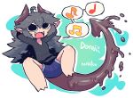  1other :3 absurdres barefoot black_eyes black_shirt blue_shorts blush_stickers commission fangs grey_hair highres horns long_hair looking_at_viewer musical_note original rariatto_(ganguri) shirt shorts skeb_commission smile solo spoken_musical_note tail 