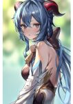  1girl absurdres bangs bare_shoulders bell blue_hair blurry blurry_background blush breasts crossed_bangs detached_sleeves from_side ganyu_(genshin_impact) genshin_impact goat_horns highres horns kabi_(zcwd8845) large_breasts long_hair long_sleeves looking_at_viewer looking_to_the_side parted_lips sidelocks solo upper_body violet_eyes 