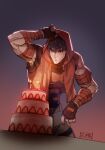  1boy artist_name bandaged_arm bandages bangs batman_(series) birthday birthday_cake black_gloves black_hair black_pants black_shirt cake dc_comics food gloves hood hood_up hooded_vest hoodie jason_todd jjmk-jjmk male_focus pants red_hood_(dc) red_vest shirt short_hair solo vest 