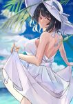  1girl black_hair blue_sky breasts clouds cowboy_shot day dress from_behind hat highres horizon kantai_collection large_breasts looking_at_viewer looking_back ocean outdoors panda_(heart_sink) red_eyes short_hair skirt_hold sky solo sun_hat sundress takao_(kancolle) white_dress white_headwear 