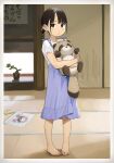  1girl :&lt; bandaid bare_legs barefoot blue_dress blush bonsai bright_pupils brown_eyes brown_hair closed_mouth commentary_request douki-chan_(douki-chan) dress frown full_body ganbare_douki-chan hair_bun highres holding holding_stuffed_toy indoors long_hair looking_at_viewer short_sleeves sidelocks solo standing stuffed_animal stuffed_tanuki stuffed_toy toenails toes yomu_(sgt_epper) younger 