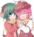  2girls ahoge animal_ears bird_ears bird_wings blush brown_dress brown_headwear chinoru closed_eyes dog_ears dog_tail dress earrings fang green_eyes green_hair hair_between_eyes hat jewelry kasodani_kyouko long_sleeves multiple_girls mystia_lorelei open_mouth pink_dress pink_hair scarf shared_clothes shared_scarf short_hair simple_background single_earring smile tail touhou upper_body white_background white_wings winged_hat wings yellow_scarf 