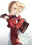  1girl backpack bag blonde_hair blue_bow bow closed_mouth commentary_request dress gradient gradient_background grey_background gun hair_ribbon handgun hands_up headset highres holding holding_gun holding_weapon long_sleeves lycoris_recoil mayogii nishikigi_chisato pleated_dress red_dress red_eyes red_ribbon ribbon solo two-handed v-shaped_eyebrows weapon white_background white_dress 
