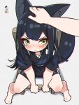  1girl 1other animal_ear_fluff animal_ears barefoot black_hair black_shorts blush chair dog_ears dog_girl dog_tail feet from_above green_eyes grey_background hand_on_another&#039;s_head highres kuro_kosyou long_hair looking_at_viewer looking_up original petting pov short_shorts short_sleeves shorts simple_background sitting spread_legs tail tears thighs 