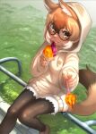  1girl absurdres alternate_costume animal_ears black_pantyhose blush casual cutoffs dhole_(kemono_friends) dog_ears dog_girl dog_tail eating from_above gelato_(food) glasses highres hood hood_up hoodie japari_symbol kemono_friends light_brown_hair long_sleeves looking_at_viewer multicolored_hair orange_eyes pantyhose short_hair shorts sitting solo spoon tail thin_(suzuneya) two-tone_hair white_hair white_hoodie white_shorts 