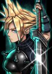  1boy absurdres armor blonde_hair buster_sword cloud_strife final_fantasy final_fantasy_vii glowing green_background highres holding holding_weapon looking_at_viewer serious short_hair shoulder_armor silverchariotx solo sparkle spiky_hair star_(sky) sword weapon 
