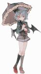  1girl alternate_costume bat_wings black_socks blue_hair commentary_request frilled_umbrella frills full_body hat holding holding_umbrella kneehighs long_sleeves looking_at_viewer red_eyes red_footwear remilia_scarlet ryokotyu short_hair simple_background smile socks solo standing touhou umbrella white_background wings 