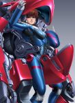  1girl armor breasts brown_hair bubblegum_crisis dated english_commentary full_armor giotengco gradient gradient_background grey_background hardsuit headwear_removed helmet helmet_removed highres holding holding_helmet looking_at_viewer mecha medium_breasts power_armor priscilla_asagiri red_eyes robot solo 