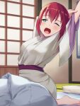  1girl arm_behind_head arm_up barefoot blush commentary futon green_eyes hair_down highres indoors japanese_clothes kurosawa_ruby love_live! love_live!_sunshine!! open_mouth redhead robe solo supra_is_black_(altea) tareme teeth tongue upper_teeth waking_up white_robe yawning 