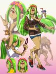  1girl alien armpits bare_legs breasts burger_king cellphone collarbone commentary cup drinking_straw earphones earphones extra_arms extra_eyes fewer_digits full_body gradient gradient_background green_hair hair_ornament hair_scrunchie hairband half-life hand_mirror highres holding holding_cup holding_phone jacket long_hair looking_at_viewer medium_breasts mirror monster_girl multiple_views phone pink_background red_eyes scrunchie shoes shorts simple_background smartphone smile sneakers solo substance20 very_long_hair vortigaunt white_background 