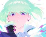  1boy blue_fire close-up commission earrings eyelashes film_grain fire flame green_hair hair_between_eyes jewelry light_green_hair lio_fotia looking_at_viewer male_focus on_(onon2659) parted_lips promare purple_fire solo triangle_earrings upper_body violet_eyes 
