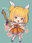  1girl adapted_costume arms_up bangs belt black_footwear blonde_hair bloomers blush bow chibi commentary_request double_bun english_text floral_background flower full_body green_background grey_bow grey_thighhighs hair_bun hair_ribbon hands_up haniwa_(statue) highres holding holding_weapon iris_anemone joutouguu_mayumi looking_to_the_side open_mouth orange_bow orange_skirt orange_vest pink_flower plaid plaid_skirt plaid_vest polearm puffy_short_sleeves puffy_sleeves purple_belt purple_bow ribbon shadow shirt shoes short_hair short_sleeves skirt skirt_bow solo spear standing striped striped_thighhighs thigh-highs tongue touhou underwear v-shaped_eyebrows vest weapon white_ribbon white_shirt wrist_cuffs yellow_eyes 