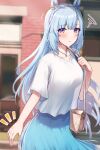  1girl animal_ears bag bangs blue_hair blue_skirt blurry blurry_background blush breasts closed_mouth collarbone commentary_request exren handbag highres horse_ears horse_girl horse_tail jewelry large_breasts long_hair looking_at_viewer mejiro_ardan_(umamusume) necklace outdoors pouty_lips shirt short_sleeves skirt solo squiggle tail umamusume violet_eyes white_shirt 