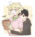  2boys :d antenna_hair aqua_eyes bangs basil_(omori) black_eyes black_hair black_hoodie blonde_hair blush commentary_request flower flower_pot gardening gloves green_gloves green_shirt hair_flower hair_ornament happy heterochromia highres holding_flower_pot hood hoodie hug hug_from_behind leaf_hair_ornament long_sleeves male_focus manimarough multiple_boys omori pink_flower pink_sweater plaid plaid_shirt shirt sidelocks smile sprout sunny_(omori) sweater white_eyes 