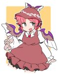  1girl animal_ears bird_ears bird_wings blush brown_dress brown_headwear cowboy_shot cropped_legs dress earrings fang frilled_dress frills grey_eyes hat ini_(inunabe00) jewelry long_sleeves mystia_lorelei open_mouth pink_hair short_hair single_earring skin_fang smile solo touhou white_wings winged_hat wings 