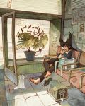  1girl bench black_hair black_pants blinds cat chair drawing flip-flops flower_pot ghost hat highres holding holding_phone long_sleeves looking_at_phone original pants paper pet_carrier phone plant potted_plant sandals signature simz tile_floor tiles window witch witch_hat 