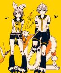 3kuma ahoge animal_feet arms_behind_back bangs bare_shoulders belt blonde_hair bow detached_sleeves expressionless hair_bow hair_ornament hairclip kagamine_len kagamine_rin knee_up leg_warmers looking_at_viewer monochrome neckerchief necktie orange_bow paw_print paw_tattoo sailor_collar sailor_shirt serious shirt short_sleeves shorts sleeveless sleeveless_shirt standing stuffed_animal stuffed_toy teddy_bear vocaloid white_bow yellow_background yellow_neckerchief yellow_necktie yellow_theme 