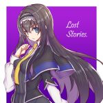  1girl black_capelet black_hair black_hairband black_jacket border breasts capelet clenched_hand code_geass code_geass:_lost_stories collared_shirt dslv from_side hair_intakes hairband jacket long_hair looking_at_viewer maya_disel medium_breasts necktie parted_lips purple_background shirt solo upper_body very_long_hair white_border white_shirt yellow_necktie 