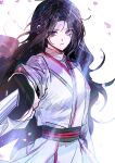  1girl black_hair closed_mouth expressionless falling_petals highres light_particles light_rays long_hair long_sleeves petals pointing_sword return_of_the_mount_hua_sect sanya_(artist) sash shirt solo sword upper_body violet_eyes weapon white_background white_shirt yu_iseol_(return_of_the_mount_hua_sect) 