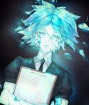  1other androgynous aqua_eyes aqua_hair b.s_(fwpt2745) black_jacket commentary_request cracked_skin gem_uniform_(houseki_no_kuni) glowing highres holding houseki_no_kuni jacket looking_at_viewer lying mixed-language_commentary multiple_sources necktie on_back other_focus phosphophyllite puffy_short_sleeves puffy_sleeves shirt short_hair short_sleeves solo upper_body white_shirt 