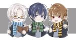  3boys :d bangs bird black_robe blue_necktie blue_scarf book brown_eyes brown_hair crossover glasses green_necktie green_scarf grey_vest grin harry_potter_(series) highres holding holding_book holding_brush holding_wand hufflepuff luke_pearce_(tears_of_themis) marius_von_hagen_(tears_of_themis) multiple_boys necktie palette_(object) purple_hair ravenclaw robe scarf short_hair slytherin smile tears_of_themis teeth upper_body vest violet_eyes vyn_richter_(tears_of_themis) wand white_hair yellow_eyes yellow_necktie yellow_scarf yingchuan981 