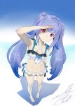  1girl arm_behind_back arm_up bare_shoulders barefoot blue_bow blue_hair blue_theme bow check_copyright closed_mouth copyright_request eyelashes frilled_swimsuit frills gradient gradient_hair highres kobayashi_gen long_hair looking_at_viewer multicolored_hair navel original signature solo standing swimsuit twintails violet_eyes 