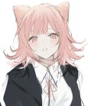  1girl animal_ears bangs black_jacket brown_hair cat_ears collared_shirt danganronpa_(series) danganronpa_2:_goodbye_despair flipped_hair highres jacket kemonomimi_mode medium_hair nanami_chiaki neck_ribbon nokoru_sora open_clothes open_jacket parted_lips pink_eyes pink_ribbon ribbon shirt simple_background solo teeth upper_body white_background white_shirt 