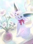 bright_pupils commentary_request espeon flower flower_pot forked_tail highres neck_ribbon no_humans pokemon pokemon_(creature) ponkotsu_tanupon ribbon sitting solo tail violet_eyes white_flower windowsill 