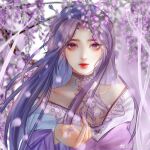  1girl artist_request breasts closed_mouth dress falling_petals flower hair_ornament hairpin highres long_hair long_sleeves medium_breasts outstretched_hand petals purple_dress purple_hair qin_shi_ming_yue second-party_source see-through see-through_shirt solo violet_eyes white_background wisteria zi_nu_(qin_shi_ming_yue) 