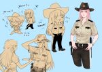  2girls alternate_costume cowboy_hat earrings feather_earrings feathers gradient_hair hat highres hololive hololive_english jewelry looking_at_another miyamoto_(dominocube6) mori_calliope multicolored_hair multiple_girls orange_hair pink_hair police police_badge police_uniform policeman policewoman sheriff sheriff_badge takanashi_kiara uniform virtual_youtuber waitress watch watch yuri 