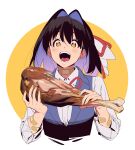  1girl bandaid bandaid_on_arm bandaid_on_neck black_hair black_vest brown_eyes character_request copyright_request food highres kamo_kamen meat open_mouth shirt solo upper_body vest white_shirt 