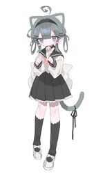  1girl absurdres ahoge animal_ears back_bow bangs bell black_collar black_hairband black_ribbon black_sailor_collar black_skirt black_socks blue_eyes blush_stickers bow cat_ears cat_girl cat_tail closed_mouth collar daizu_(melon-lemon) extra_ears full_body grey_hair hair_ornament hair_rings hairband hairclip highres jingle_bell kneehighs long_sleeves looking_at_viewer medium_hair neck_bell neckerchief original paw_pose pigeon-toed pleated_skirt red_neckerchief ribbon sailor_collar sailor_shirt school_uniform serafuku shirt shoes sidelocks simple_background skirt sleeves_past_wrists socks solo standing sweat tail tail_ornament tail_ribbon white_background white_bow white_footwear white_shirt 